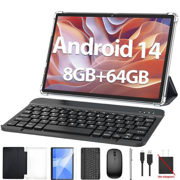 Tablette Android 14 de 10,1 pouces avec clavier et souris – 8 Go + 64 Go